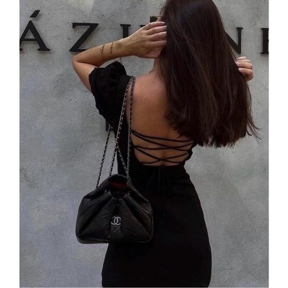 Zara Dress Little Black Linen Puff Wide Sleeve Milkmaid Casual Summer boho - Picture 4 of 9